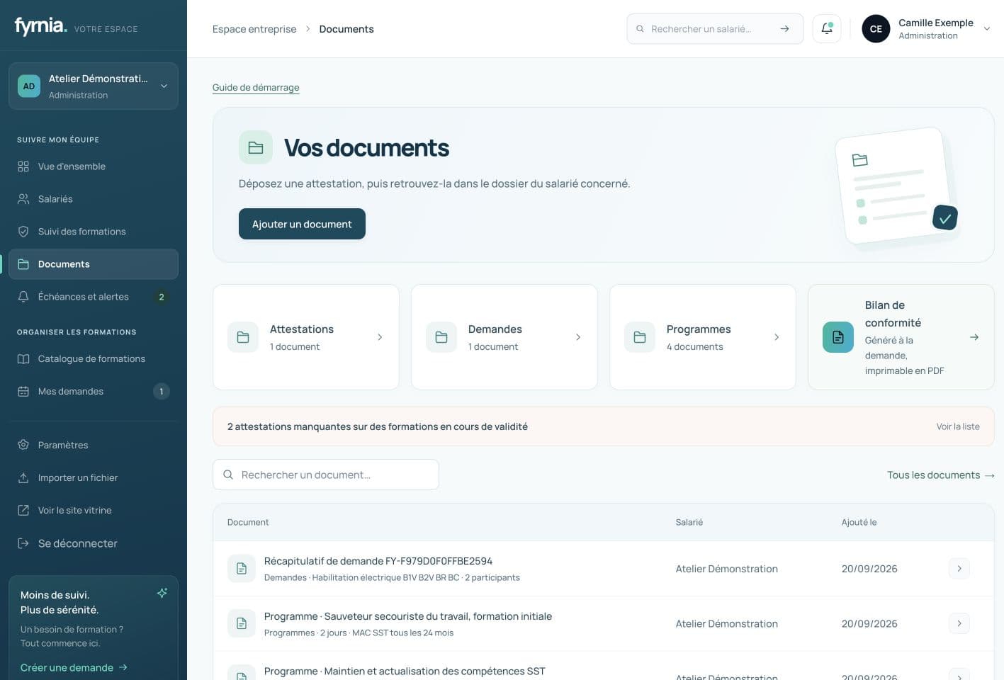 Espace Documents de Fyrnia avec la recherche, les dossiers et les attestations manquantes signalées.