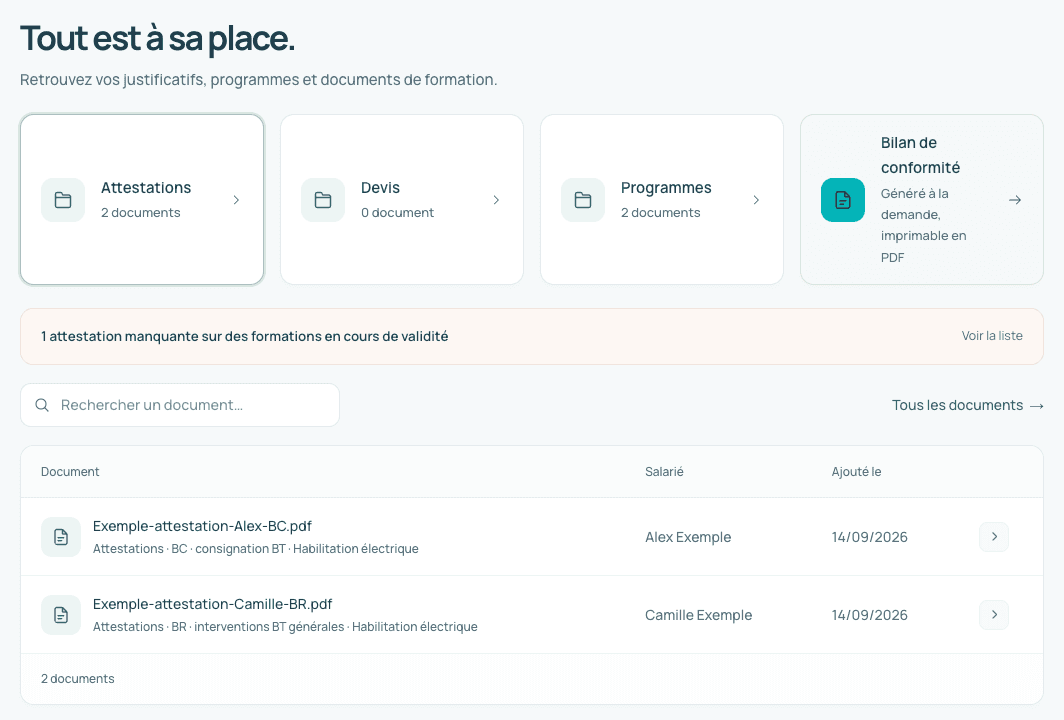 Espace Documents de Fyrnia avec deux attestations fictives, la recherche et un justificatif manquant signalé.