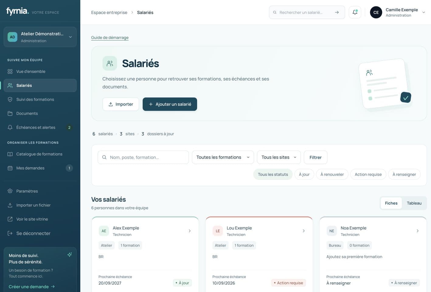 Liste de salariés fictifs dans Fyrnia, avec leurs formations et prochaines échéances.