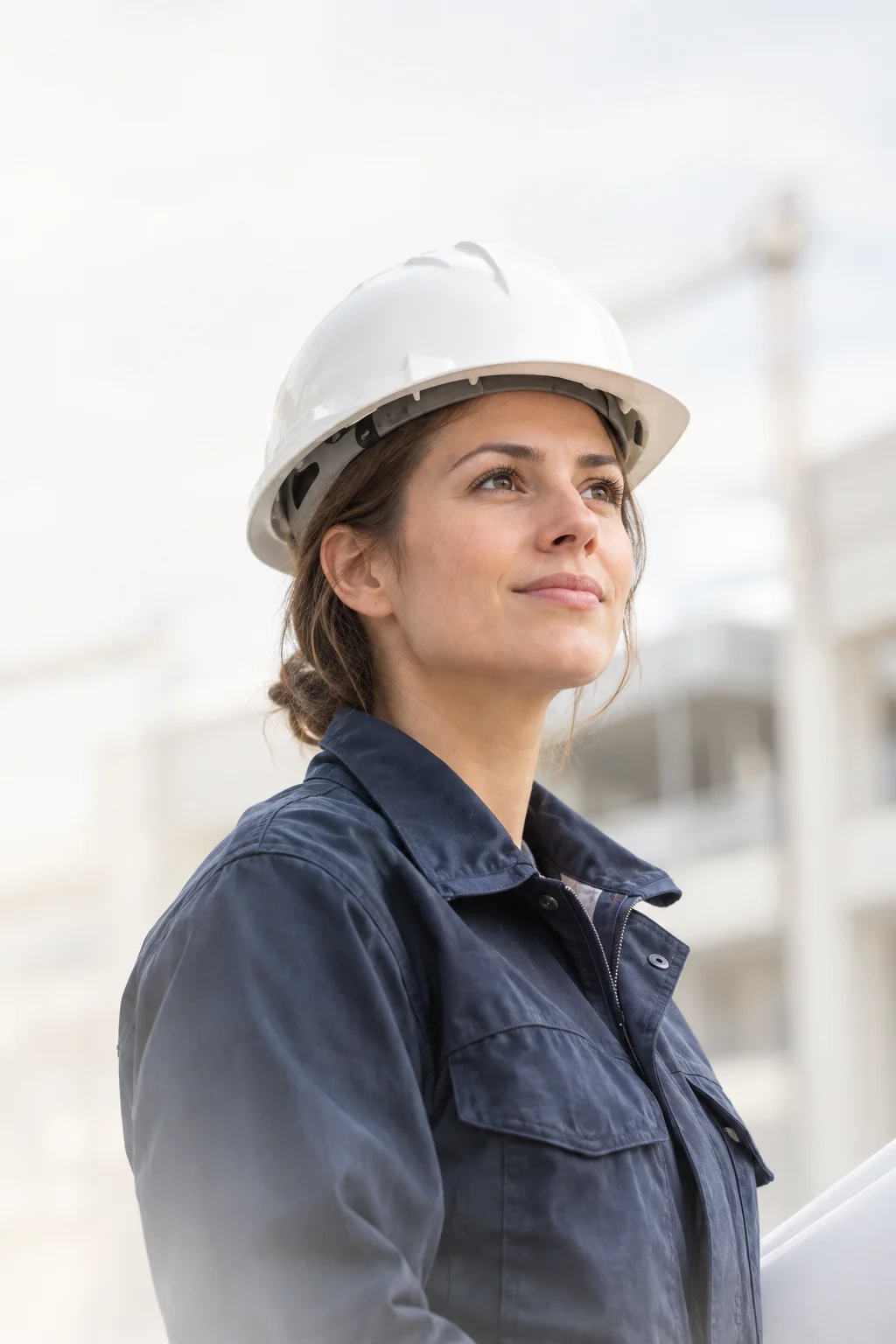 Une professionnelle casquée regarde vers le haut avec confiance